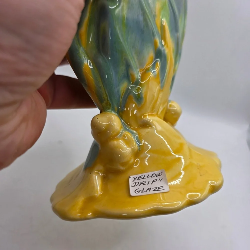 Vintage Royal Haeger Royal Hickman Yellow Drip Glaze Fan Leaf Vase 1940s USA